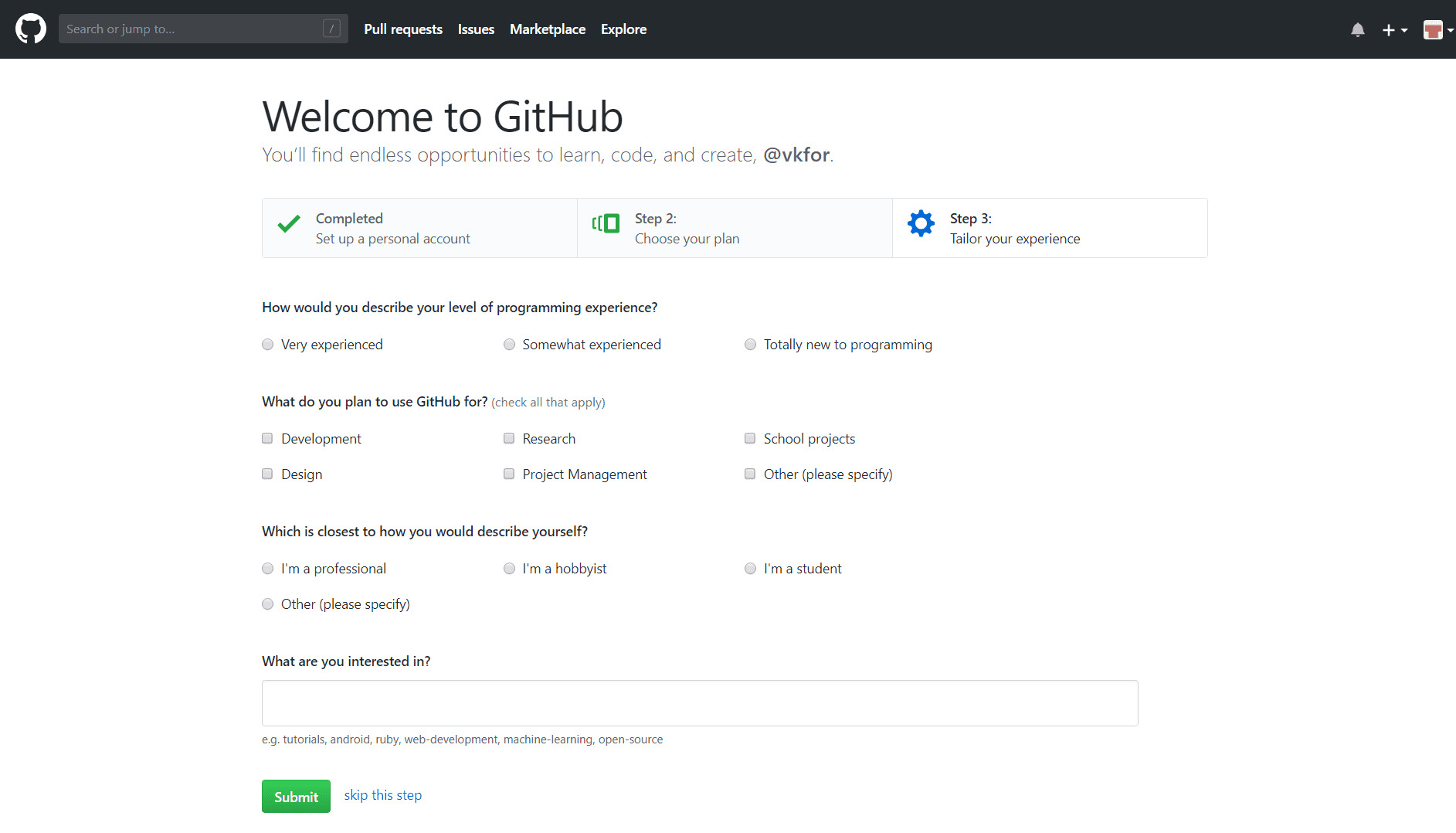 Поздравляю вы зарегистрировались на Github